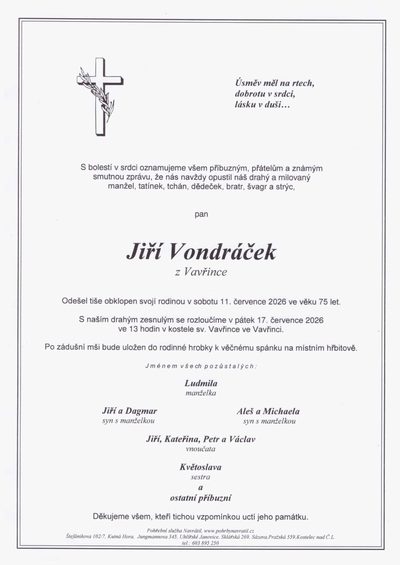 Smuteční oznámení – Jiří Vondráček