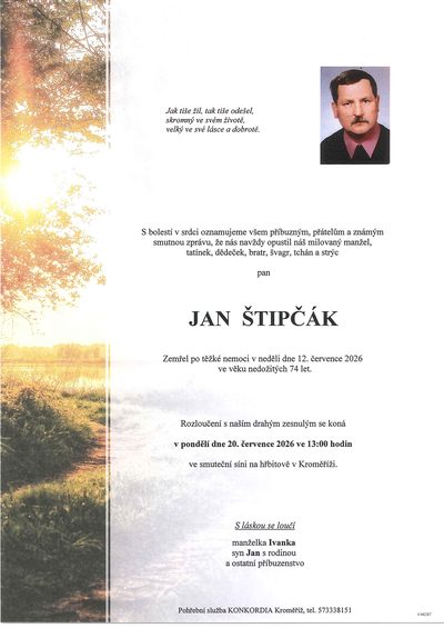 Smuteční oznámení – JAN ŠTIPČÁK