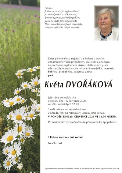 Smuteční oznámení – Květa DVOŘÁKOVÁ
