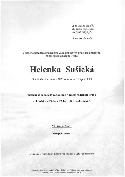 Smuteční oznámení – Helena Sušická