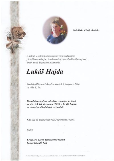 Smuteční oznámení – Lukáš Hajda
