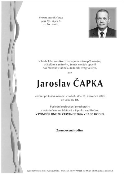 Smuteční oznámení – Jaroslav ČAPKA