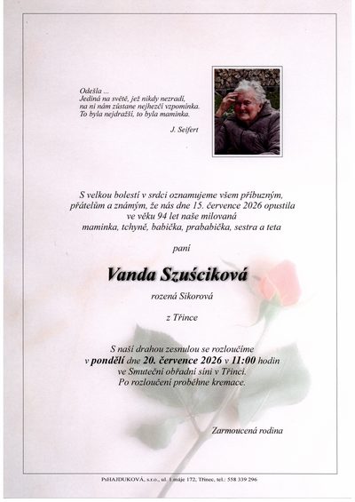 Smuteční oznámení – Vanda Szušciková