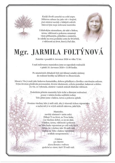 Smuteční oznámení – Foltýnová Jarmila
