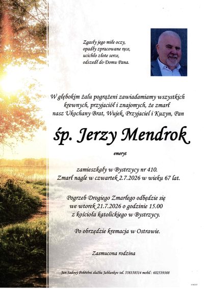 Smuteční oznámení – śp. Jerzy Mendrok