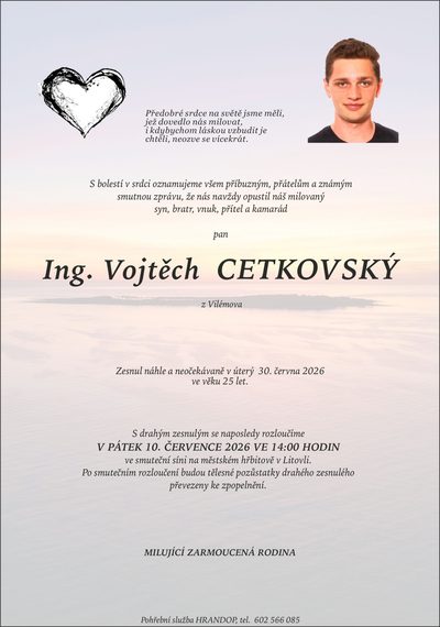 Smuteční oznámení – Vojtěch Cetkovský